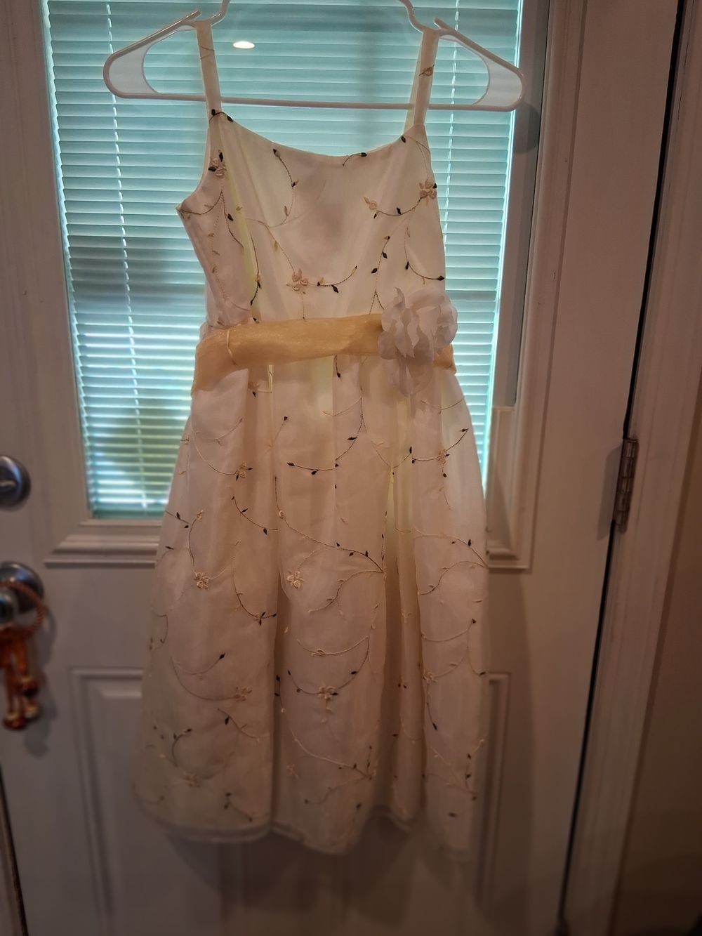 sku321 Dimples Flower Embroidered Girls' Dress with Yellow Sash Size 8